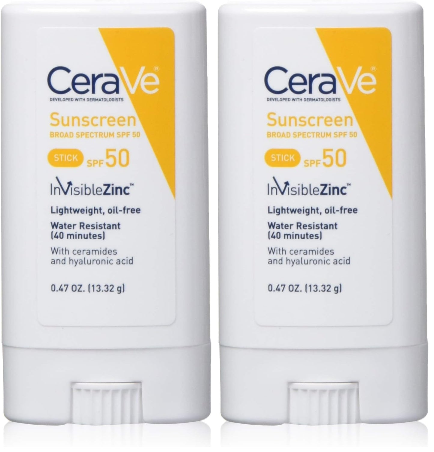 CeraVe Sunscreen stick spf 50 | 0.47 ounce | mineral sunscreen for kids & adults | fragrance free, 0.47 Ounce (Pack of 2)