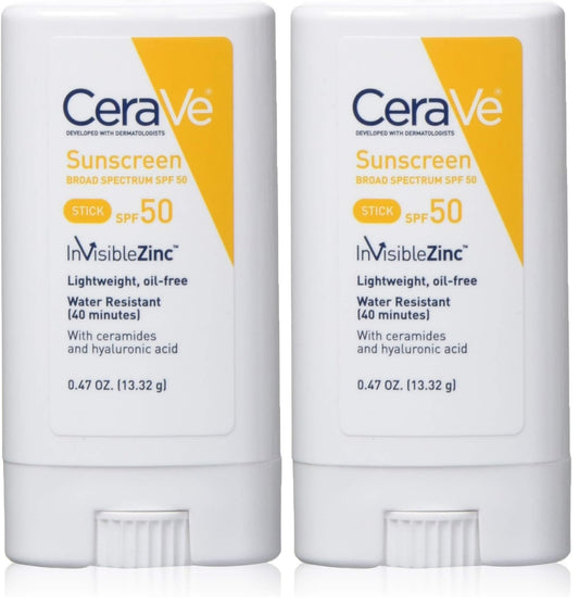 CeraVe Sunscreen stick spf 50 | 0.47 ounce | mineral sunscreen for kids & adults | fragrance free, 0.47 Ounce (Pack of 2)