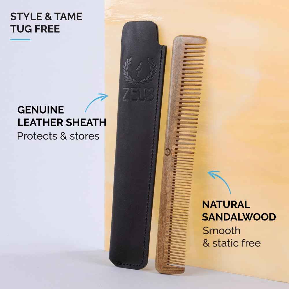 ZEUS Sandalwood Beard & Mustache Comb for Men with Leather Case, Handmade Anti-Static Saw-Cut Wood Comb for Grooming (L31)