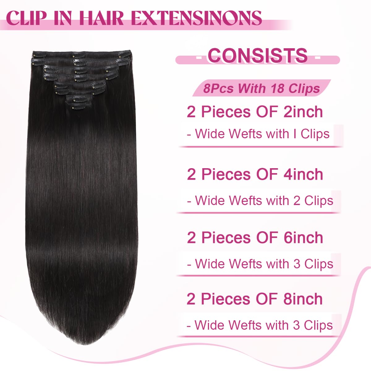 POGINJA Clip in Hair Extensions Real Human Hair, Remy Human Hair Clip in Extensions for Black Women, Invisible Natural Straight Seamless Clip ins Hair Extensions 8pcs Double Weft #1B 16inch 90g