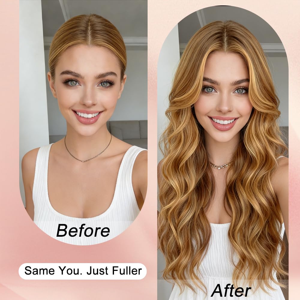 HMHIFI Long Brown Mixed Blonde Wigs for Women Highlights Blonde Wig Natural Middle Part Synthetic Curly Hair Heat Resistant Fiber Hair Replacement Wigs for Daily Party