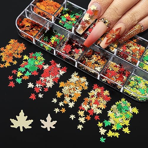 12 Colors Fall Nail Art Stickers Maple Leaf Nail Glitter Sequins 3D Nail Art Accessories Autumn Leaf Shape Flakes Holographic Gold Red Yelloween Maple Leaves Paillettes Designs Acrylic Nails Supplies