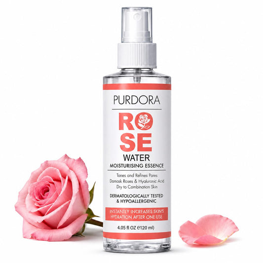 PURDORA Rose Water Spray for Face, 4 Fl Oz Damask Rose Water Toner & Hydrating Mist for Dry to Combination Skin, Refreshes Skin, Non-Sticky, Hypoallergenic, No Dyes, Alcohol Free, Vegan