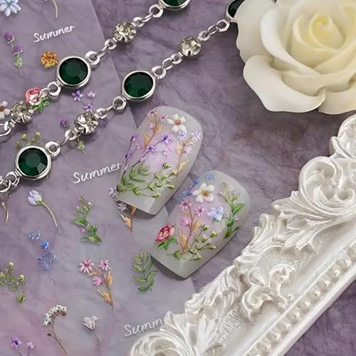 Flower Nail Stickers for Nail Art - Flowers Nail Art Stickers Summer Floral Leaf Plant 5D Embossed Nail Decals Self-Adhesive Nails Supply Manicure Sliders Flower Stickers for Nails Decoration