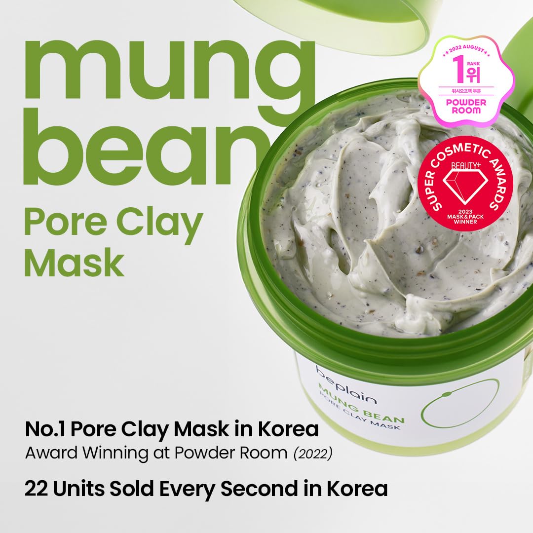 beplain Mung Bean Pore Clay Mask | Blackhead Removal facial Mud Pack | Deep Pore Cleansing Wash Off Pack | Gentle Facial Exfoliator | Korean Skincare | 4.05 fl.oz