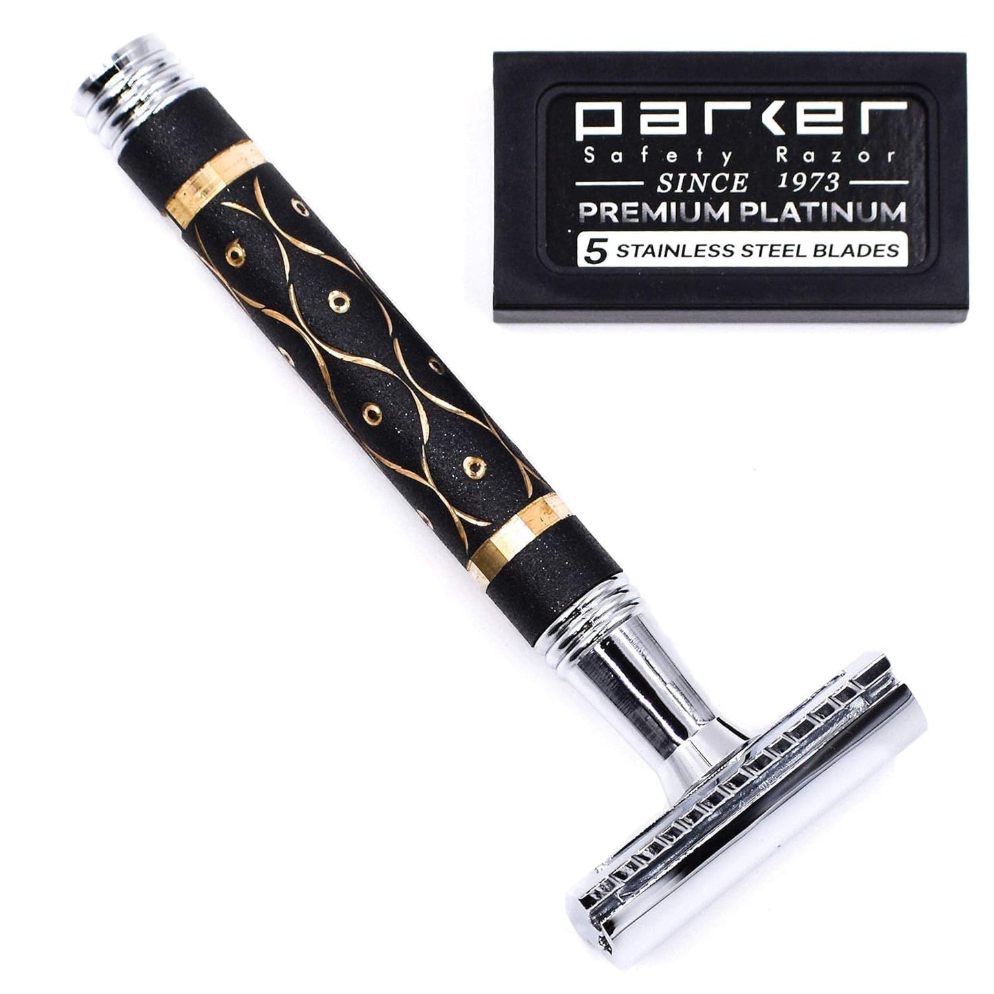 Parker 65R Super Heavyweight Double‑Edge Safety Razor – Sandstone‑Textured Brass Handle for Precise Grip & Control, 4" Long Handle – Includes 5 Premium DE Blades