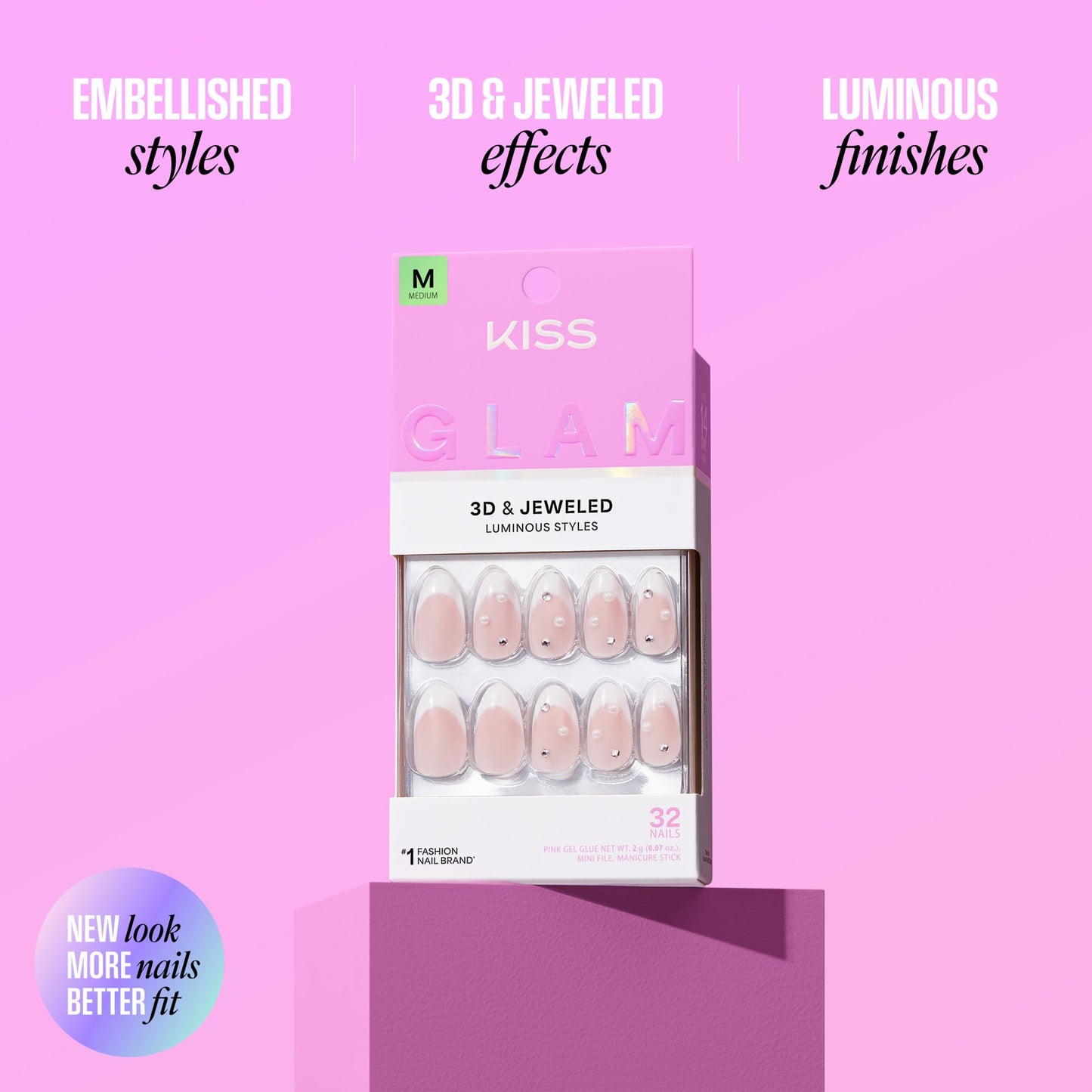 Kiss Glam, Press On Nails, Nail glue included, 'Zephyr', White, Medium Size, Almond Shape, Includes 32 Nails, 2g Glue, 1 Manicure Stick, 1 Mini File