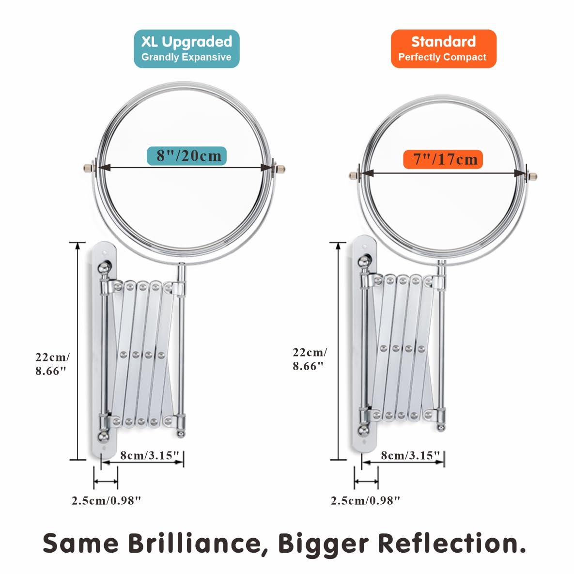 Welllink 8Inch Max Extendable Mirror for Bathroom, Space-Saving Screw Mount, 10X/1X Magnifying Mirror, HD Glass No Distortion Chrome, for Home Cloakroom Gift