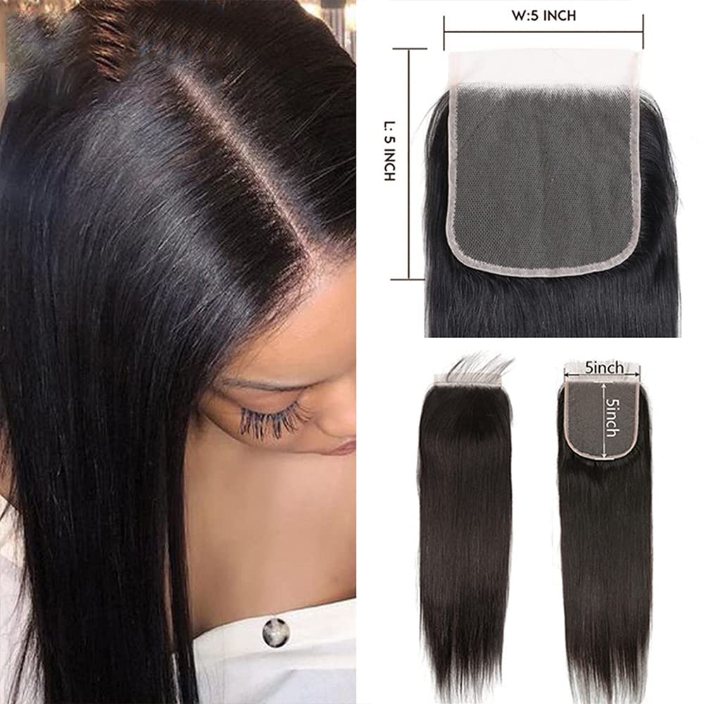 Hd Transparent Straight 5X5 Lace Closure Human Hair Pre Plucked With Baby Hair 100% Unprocessed Brazilian Virgin Human Hair Lace Closure Free Part Natural Color 16 Inch 5X5 HD Closure for Black Women