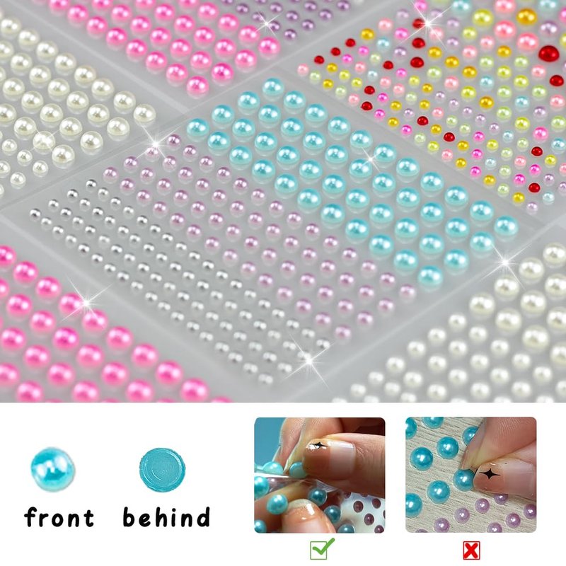2064 Pcs Pearls for Crafts, Self Adhesive Pearl Stickers 4 Colors 12 Sheets Hair Pearl Stick On for Craft Making