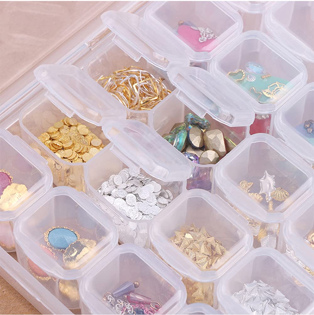 HANSAMU Rhinestone Organizer Box, 3D Acrylic Nail Charms Storage Box,Transparent Plastic Nail Gems Caviar Beads Pearls Nail Art Accessories Display Holder eye jewelry Collecting Container 28 Slots