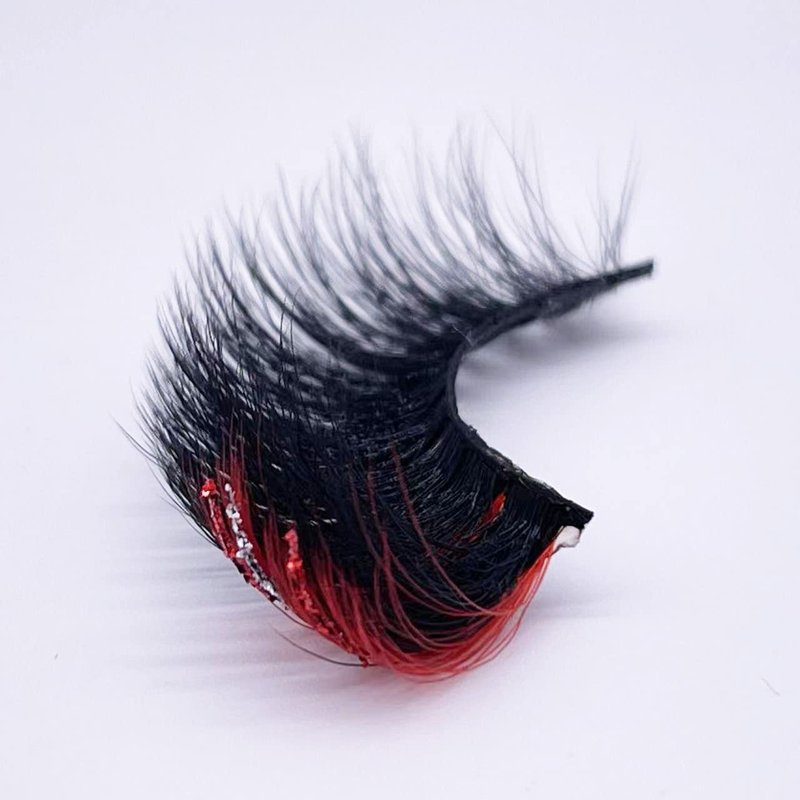 Voluminous Black False Eyelashes with Red Highlights - 18mm Faux Mink Strip Lashes for Dramatic Rave & Cosplay Looks