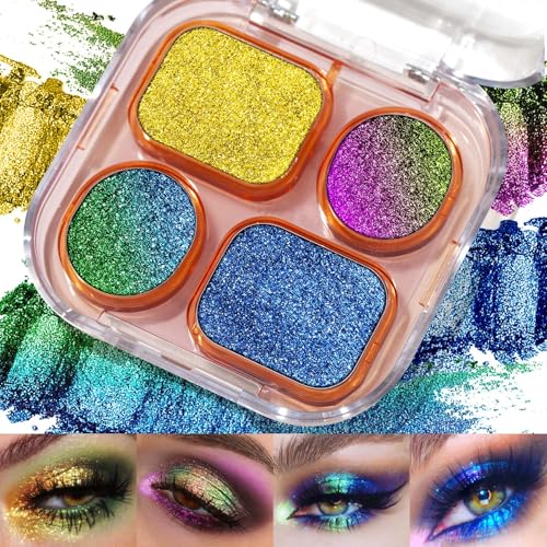 UCANBE Multichrome Chameleon Eyeshadow Makeup Palette, 4 Colors Holographic Metallic Glitter Eye Shadow Pallet, High Pigmented Creamy Duo Chrome Multidimensional Eye Make Up Kit