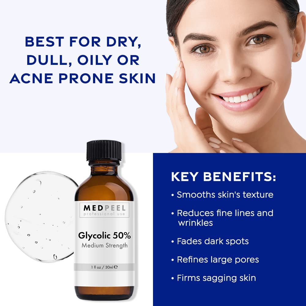 MedPeel Glycolic Acid 50% Essential Peel Kit, Includes: Prep, Neutralizer, Medium Strength Chemical Face Peel, Minimize Fine Lines, Wrinkles, Dark Spots, All Skin Tones, 1oz/30ml (Kit of 3)