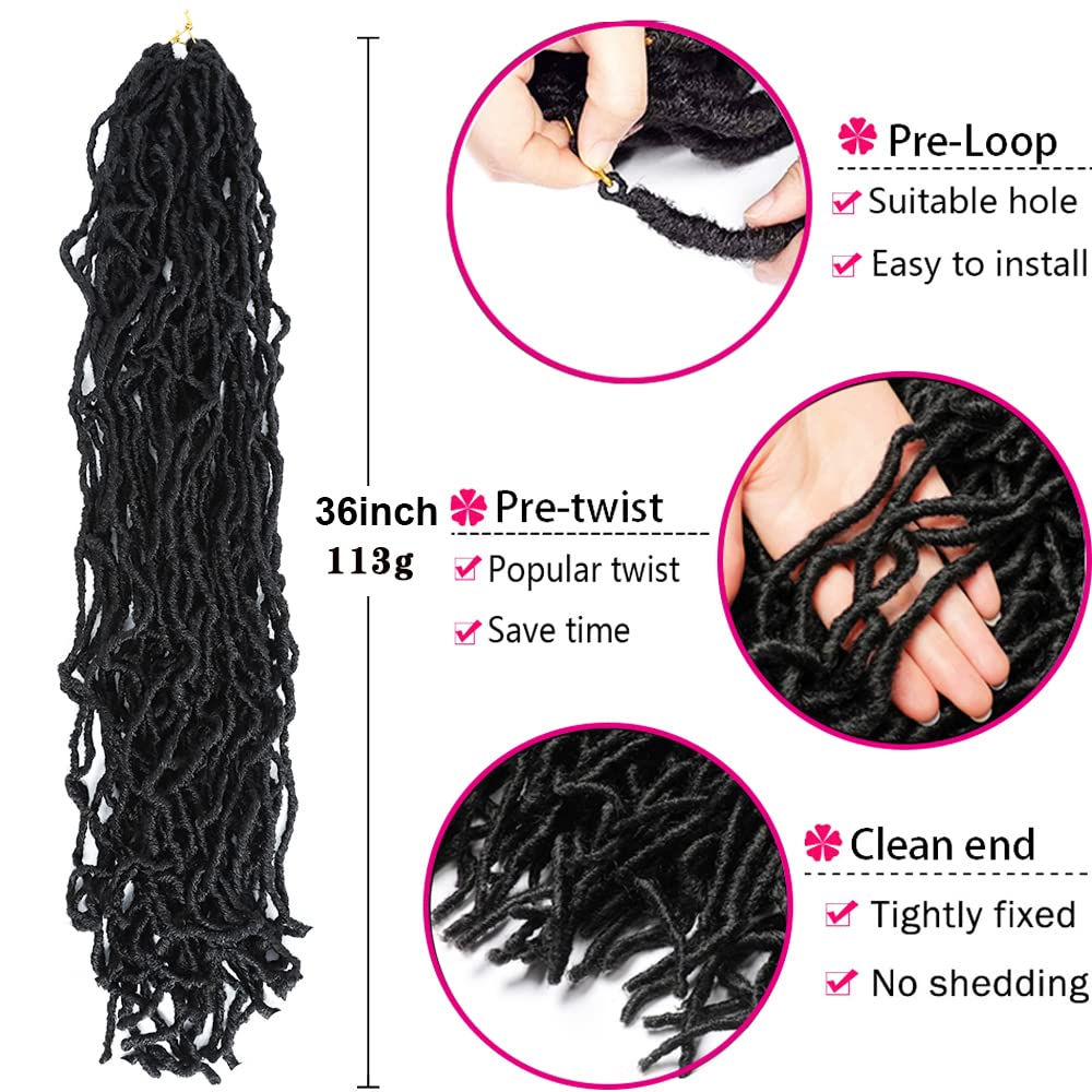 Nescorner 36Inch Soft Locs 6packs Super Long Goddess Locs Crochet Hair Natural Pre Looped Natural Faux Locs Crochet Braid Curly Wave Braiding Hair（36inch #1b 6packs)