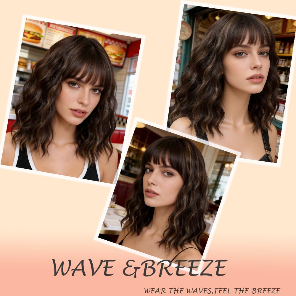 Brown Highlights Blonde Wig with Bangs for Women,14 Inch Wavy Bob Hair