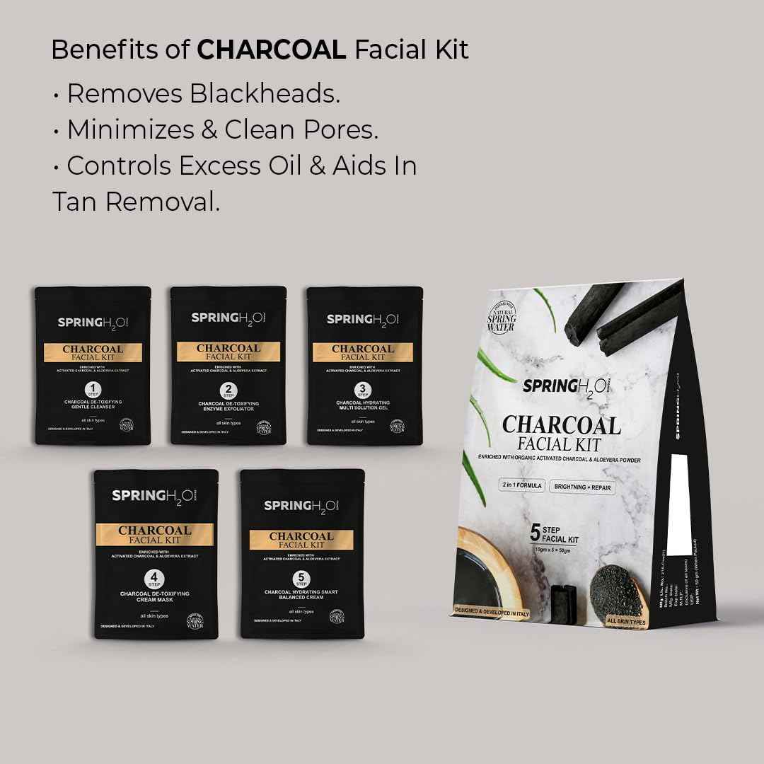 SPRING H2O Charcoal Facial Kit 50 gm| 2 in 1 Formula Brightning+Repair | Enriched with Organic Activated Charcoal & Aloevera Powder| Simple 5 Step