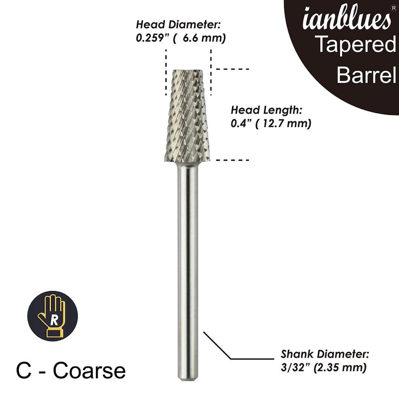 ianblues Tapered Barrel Carbide Nail Drill for Electric Manicure Drill Machine, Pro-Remove Nail Gels, Acrylic Gels, Dip Powder, or Normal Nail Care (C -Coarse, Silver)