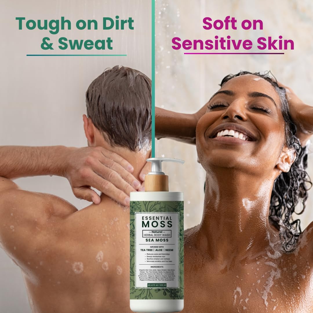 Sea Moss Body Wash with Tea Tree, Neem, Rosemary & Aloe – Fights Jock Itch, Ringworm, Athlete's Foot, Eczema, Body Odor – Antifungal & Antibacterial Soap for Men & Women