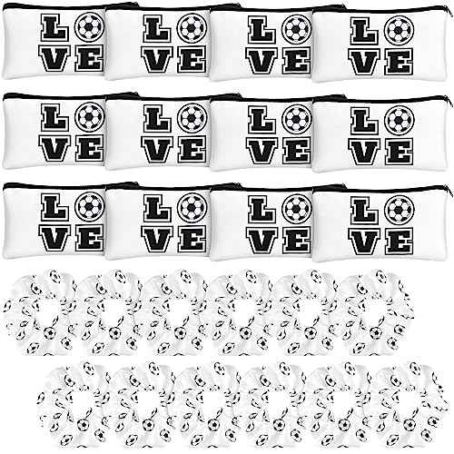 Sweetude 24 Pcs Soccer Gifts 12 Makeup Bag 12 Satin Scrunchies for Girls Portable Cosmetic Travel Bag Elastic Hair Ties Soccer Favors for Women Girls Team Players(White)