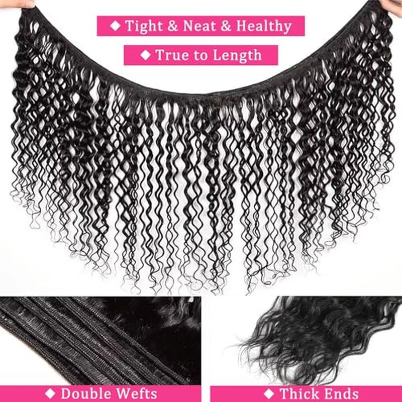 Deep Wave Human Hair Bundles 14 16 18 20 Inch 100% Unprocessed Deep Curly Bundles Human Hair Water Wave Bundles for Women Wet and Wavy Curly Hair Double Weft Remy Hair Extensions