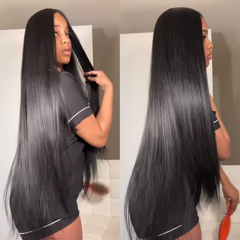 Style Icon 38" Super Long Straight Wigs Lace Front Wigs 6" Deeper Middle Part Wig Black Synthetic Wig (38", 1B)