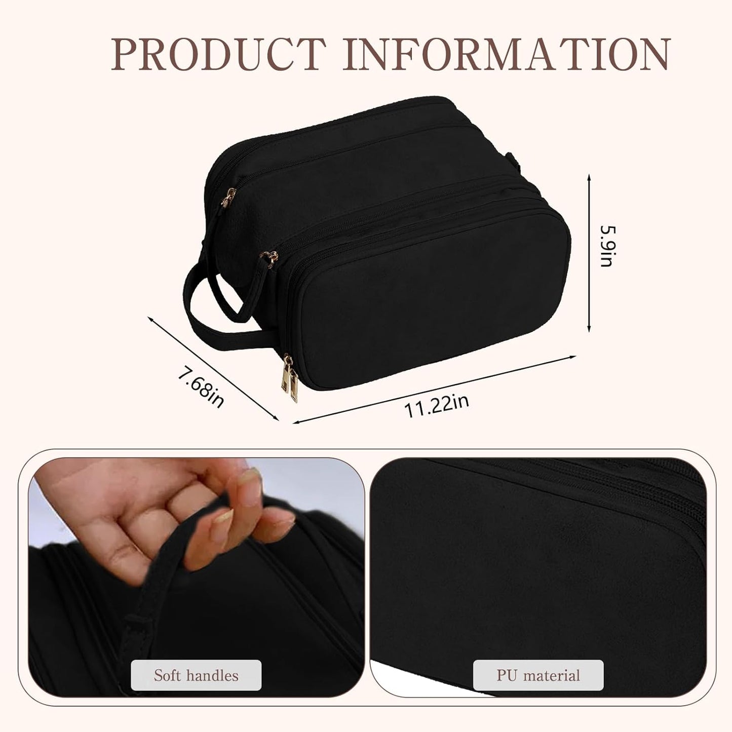 Large Capacity 3-Tier Cosmetic Makeup Bag - Double Zipper Travel Organizer for Makeup & Toiletries | Black