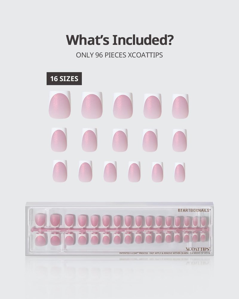 Shimmering French Tip Press-On Nails - 96 Pcs Sparkling Pink Extra Short Set | 16 Sizes for Weddings