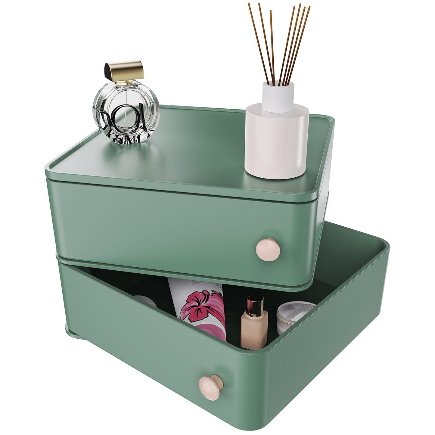 Makeup Organizer with Rotating Drawers: Stackable Makeup Bathroom Vanity Storage Box, Desk and Dresser Countertop Organizers and Storage Boxes for Cosmetics, Skincare, Jewelry, Bracelets, Green