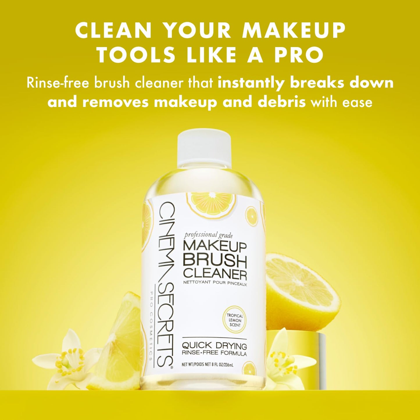 Cinema Secrets Original Makeup Brush Cleaner Solution - Professional Cleanser for Makeup Brushes - Quick-Drying, Rinse-Free Formula - Removes Stubborn Waterproof Make Up - Lemon (4 fl oz)