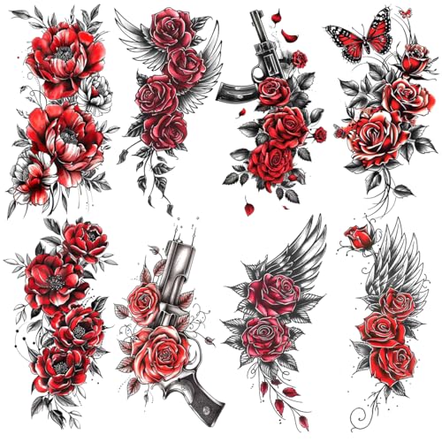 8 Sheets Waterproof Body Art Arm leg Temporary Tattoo Sticker Black Red Rose Flower Wing Gun Butterfly Suit for Men and Women