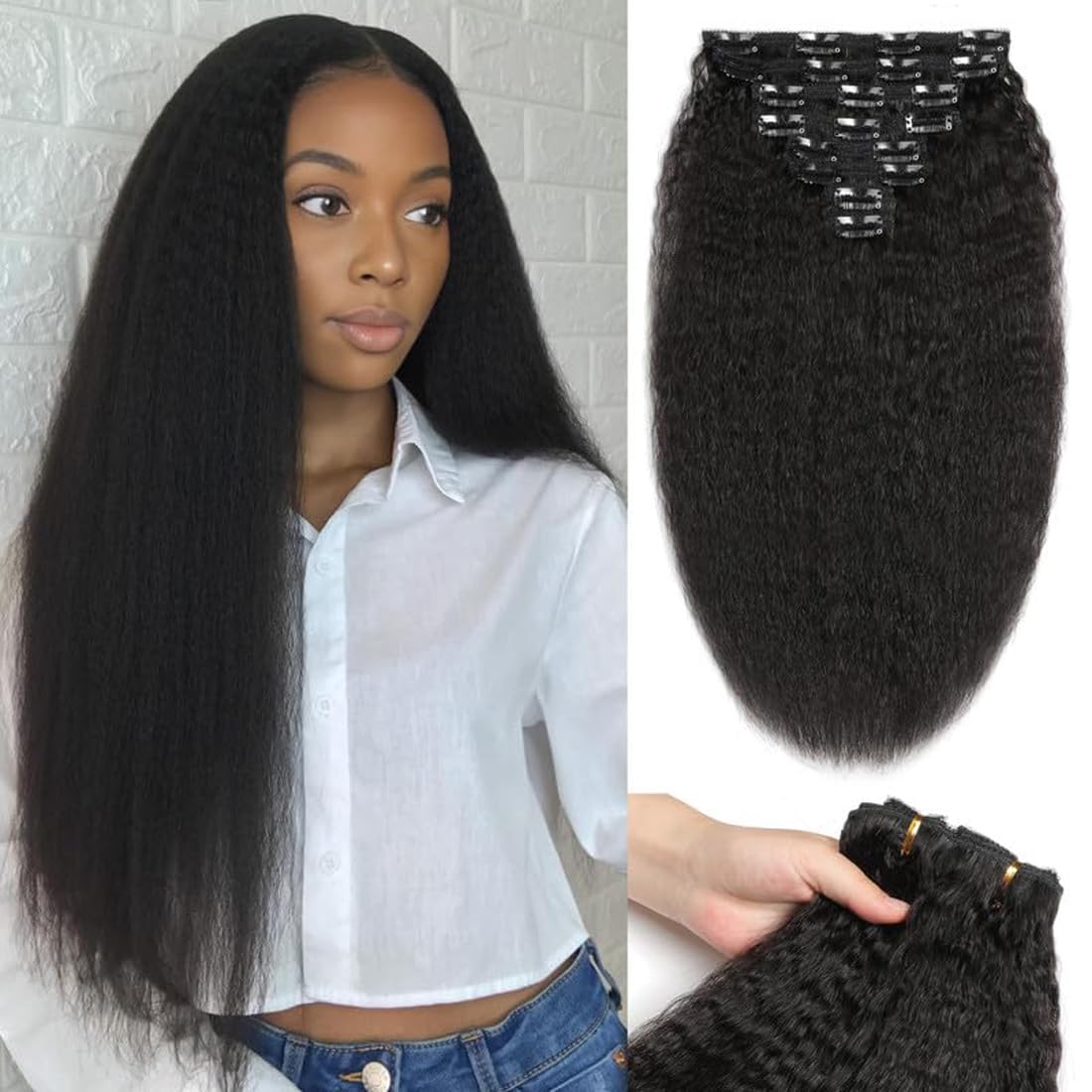 ShowJarlly Clip in Hair Extensions Real Human Hair 20 Inch Kinky Straight Clip ins 8Pcs Brazilian Remy Hair Extensions for Women Natural Black