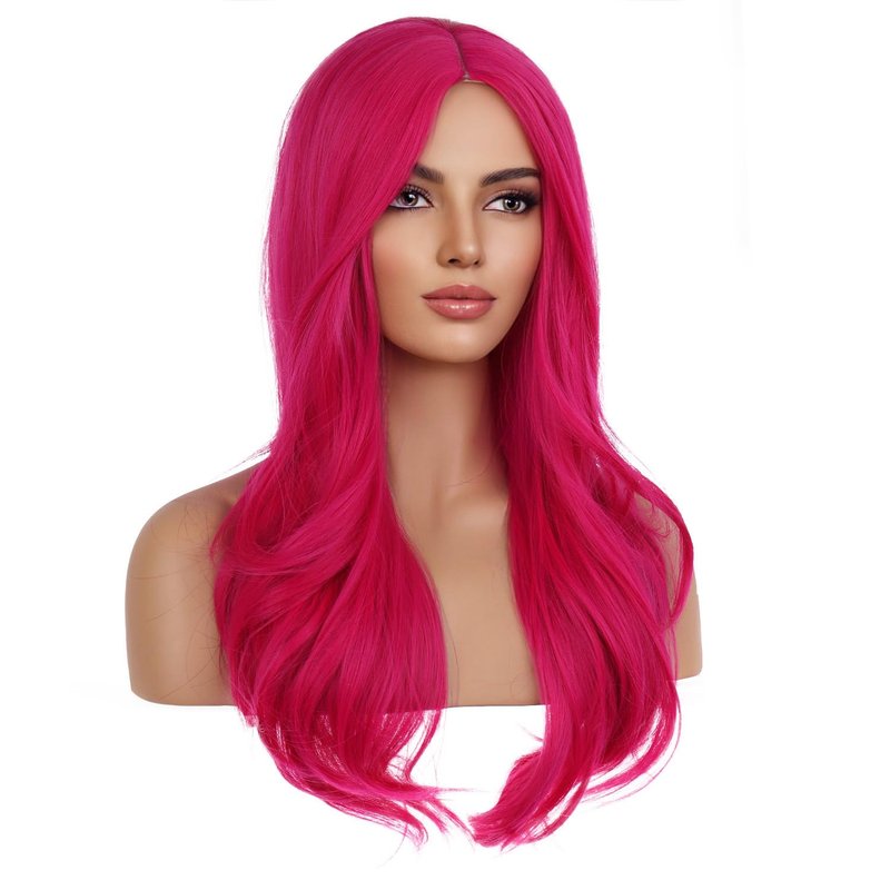 MAGQOO Hot Pink Wig for Women Neon Dark Pink Wig Long Curly Wavy Magenta Wigs Synthetic Heat Resistant