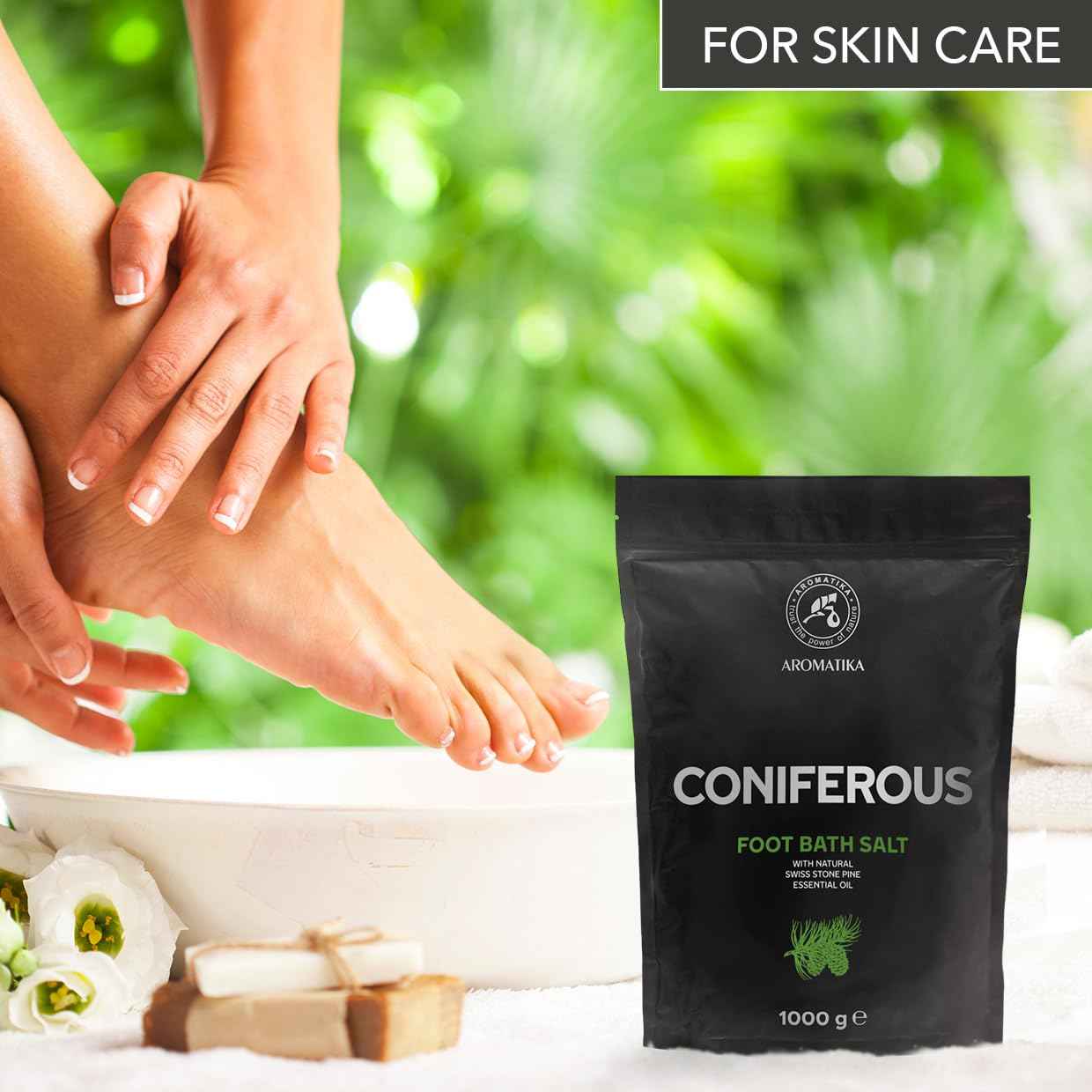 Foot Bath Salt Coniferous 35Oz - Pedicure Foot Bath Salt - Foot Bath Additive with Natural Sea Salt - Swiss Stone Pine Essential Oil - Foot Care for Tired Feet - Beauty - Relaxation - Aromatherapy