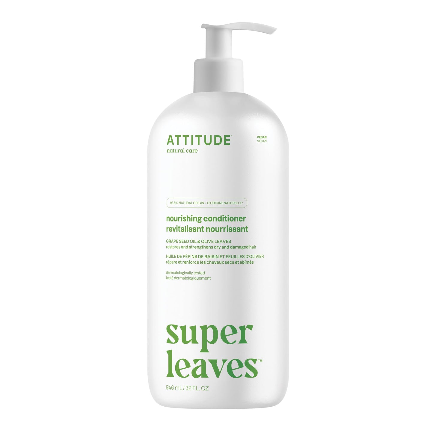 ATTITUDE Nourishing Hair Conditioner, For Dry and Damaged Hair, Naturally Derived Ingredients, Vegan Detangler, Dermatologically Tested, Grapeseed Oil and Olive Leaves, 32 Fl Oz