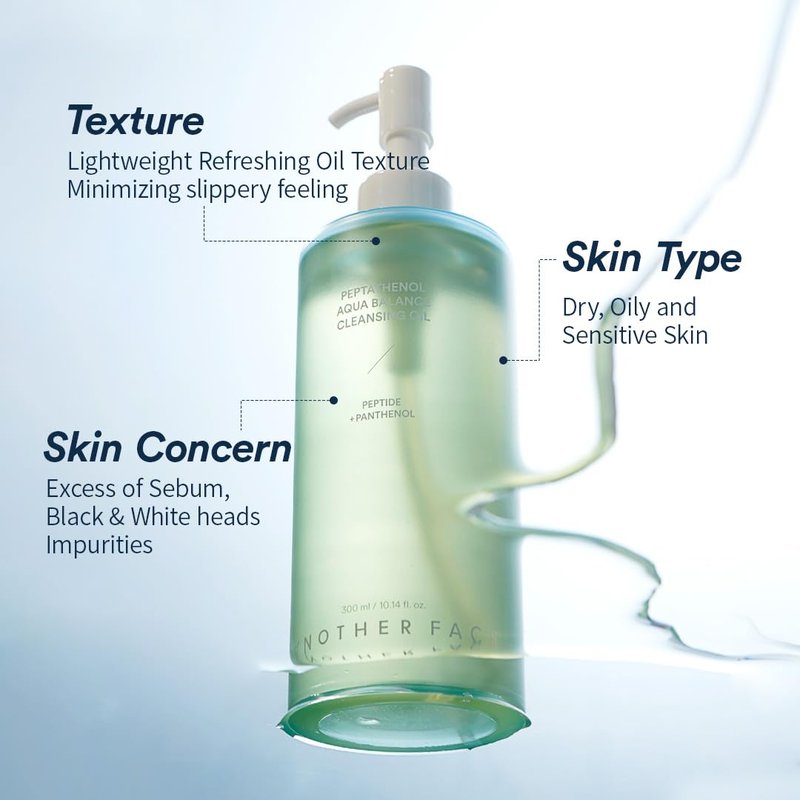 ANOTHERFACE PEPTATHENOL™ Aqua Balance Cleansing Oil, Korean Skin Care, Black Head & Waterproof Makeup Removal, Deep Cleansing, Quick Melting, Non-irritation for Sensitive Skin, Vegan, 10.14 Fl. Oz