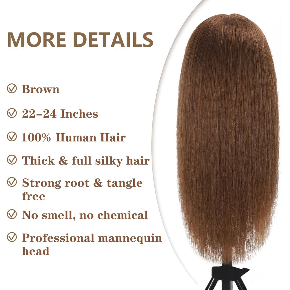 Opini Mannequin Head with 100% Real Human Hair Cosmetology Mannequin Head to Practice Hairstyles Doll Head Training Head for Hairdresser (Brown)