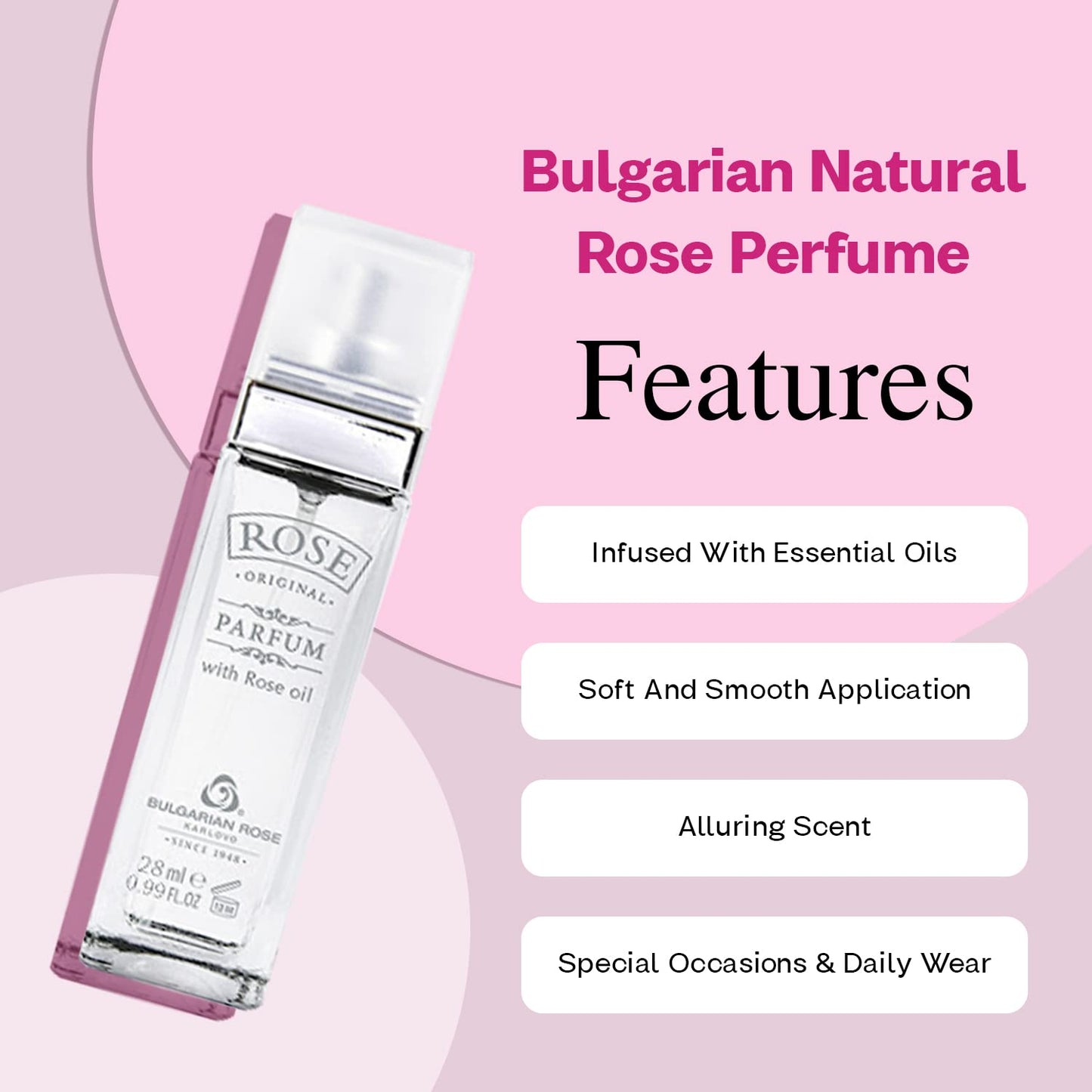Original Bulgarian Rose Perfume - Natural Original Parfum - Aromatic Rose Fragrance - Long Lasting Freshness - Paraben Free - Unisex Perfume - Perfect for Everyone - 28ml