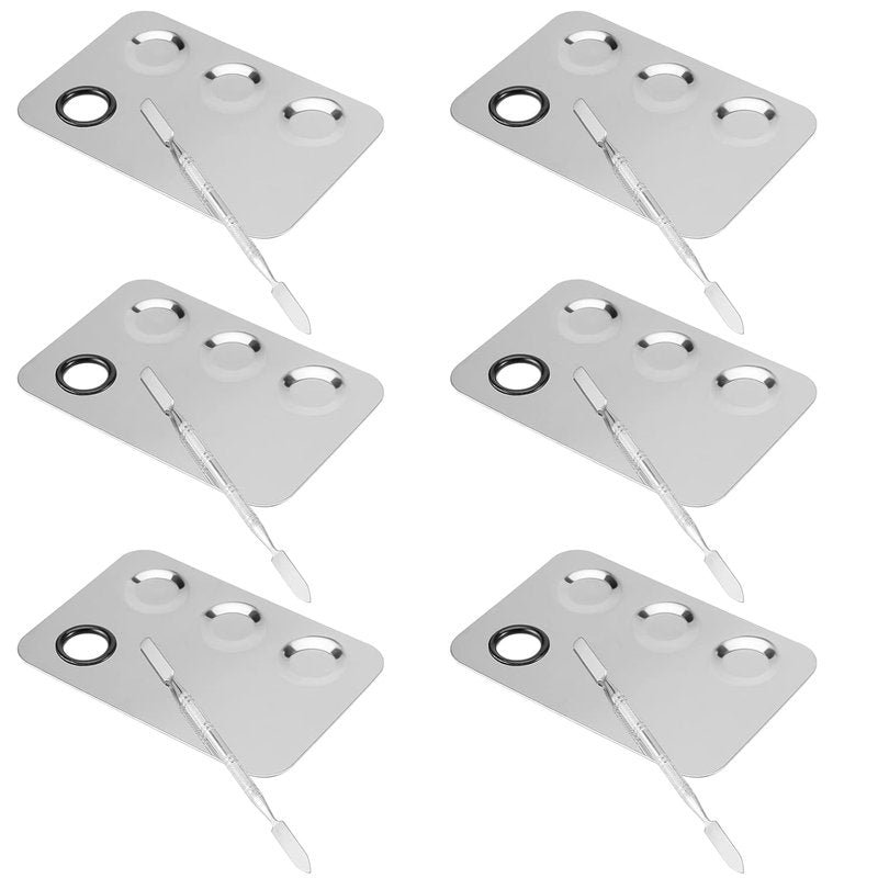 Stainless Steel Cosmetic Palette Set - 6 Pack 6x4 Inch Mixing Trays with Spatula for Makeup, Nail Art & Foundation Blending | Silver