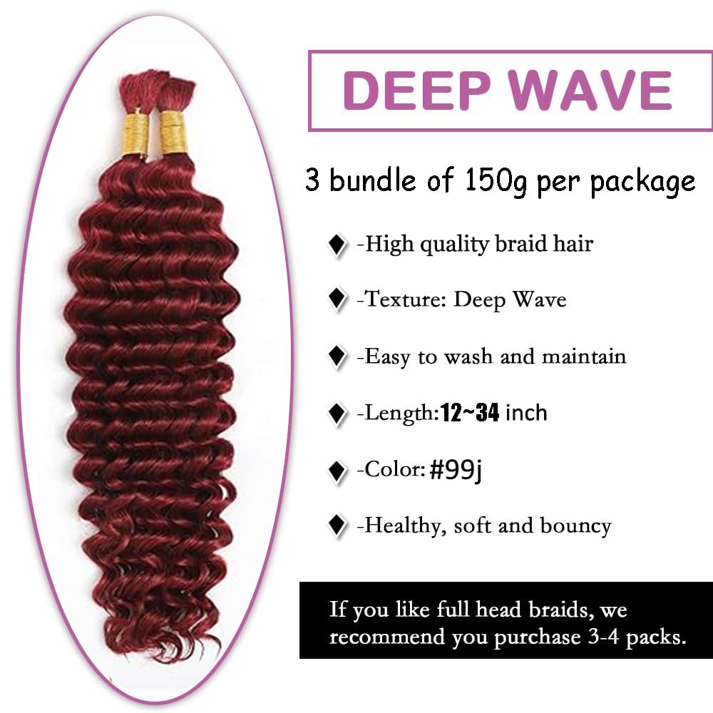 20 20 20 Inch #99j Burgundy Human Braiding Hair for Boho Braids 150g Deep Curly Bulk Human Hair Knotless Boho Braiding Curly Virgin No Weft Extensions Bohemian Braids 3 Bundles/Pack Caramel