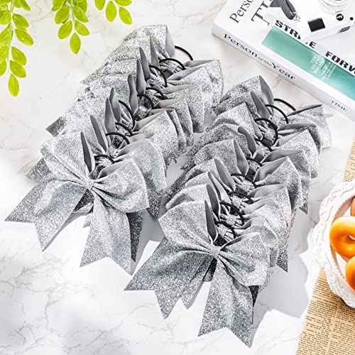 Yunsailing 40 Pcs 8 Inch Large Glitter Cheer Hair Bows Bulk, Shiny Cheerleading Bows Ponytail Holder for Cheerleader Girls Softball Sports and Christmas Tree Decor(Silver)