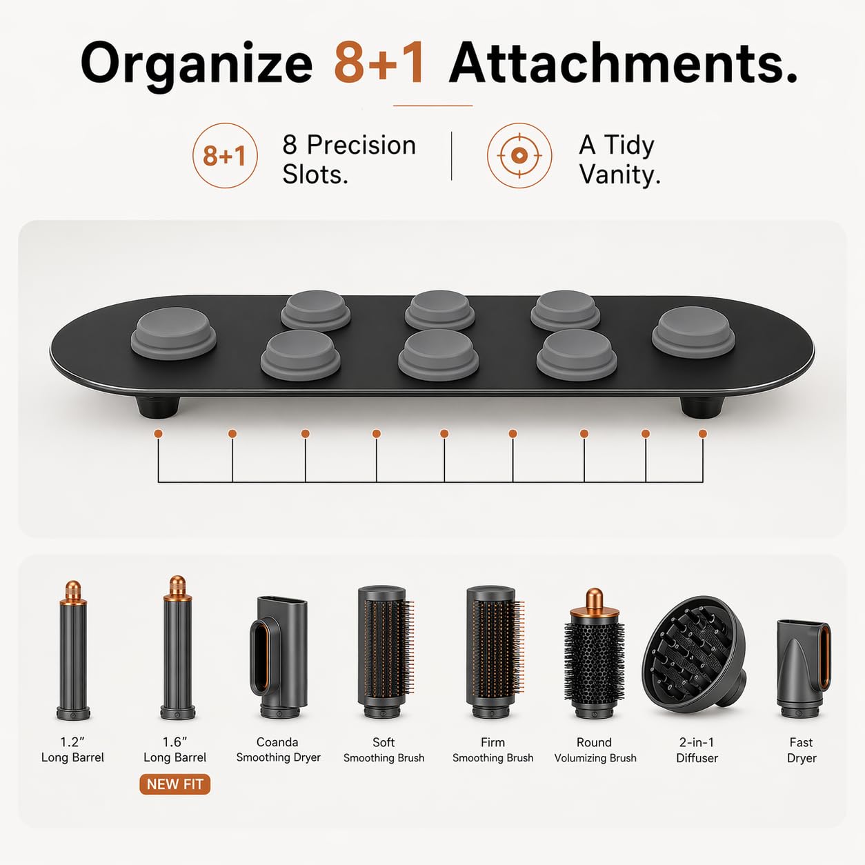 Lasvea Holder for Dyson Airwrap Attachments| 8 Holes Metal Storage Rack with Protective Silicone Pad | Countertop Organizer for Dyson Diffuser Accessories & Curling Iron with Self-Adhesive Hook, Black