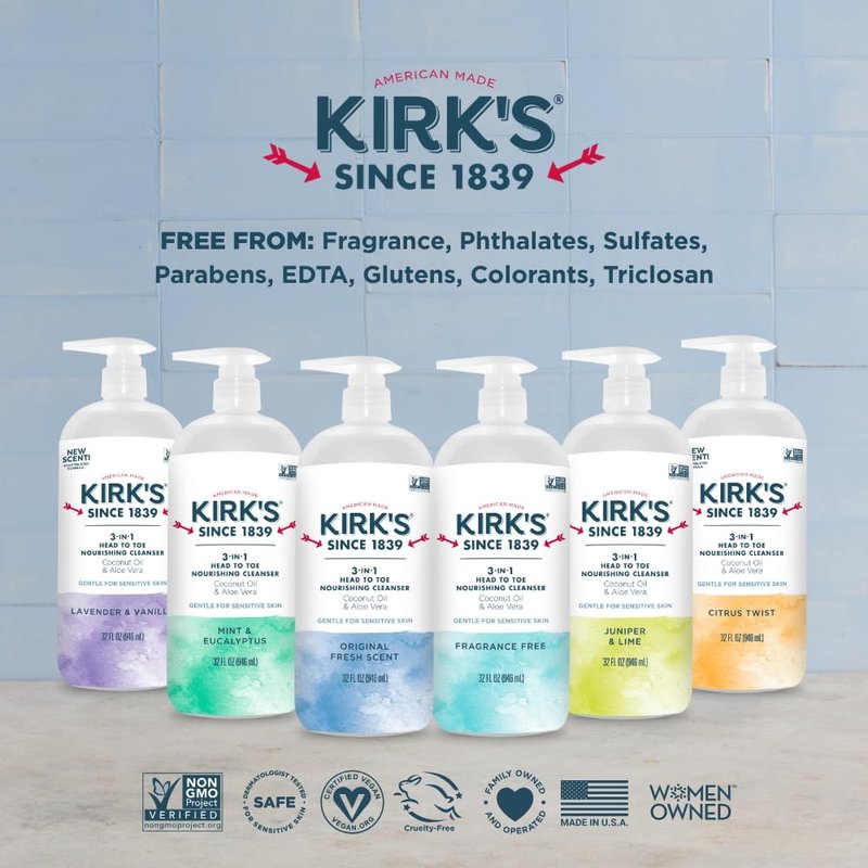 Kirk's Original Fresh 3-in-1 Nourishing Cleanser and Travel Bar Soap, Shampoo Body Wash Bubble Bath, Coconut Oil and Aloe Vera, Vegan Non-GMO, 32 Fl Oz, Pack of 2