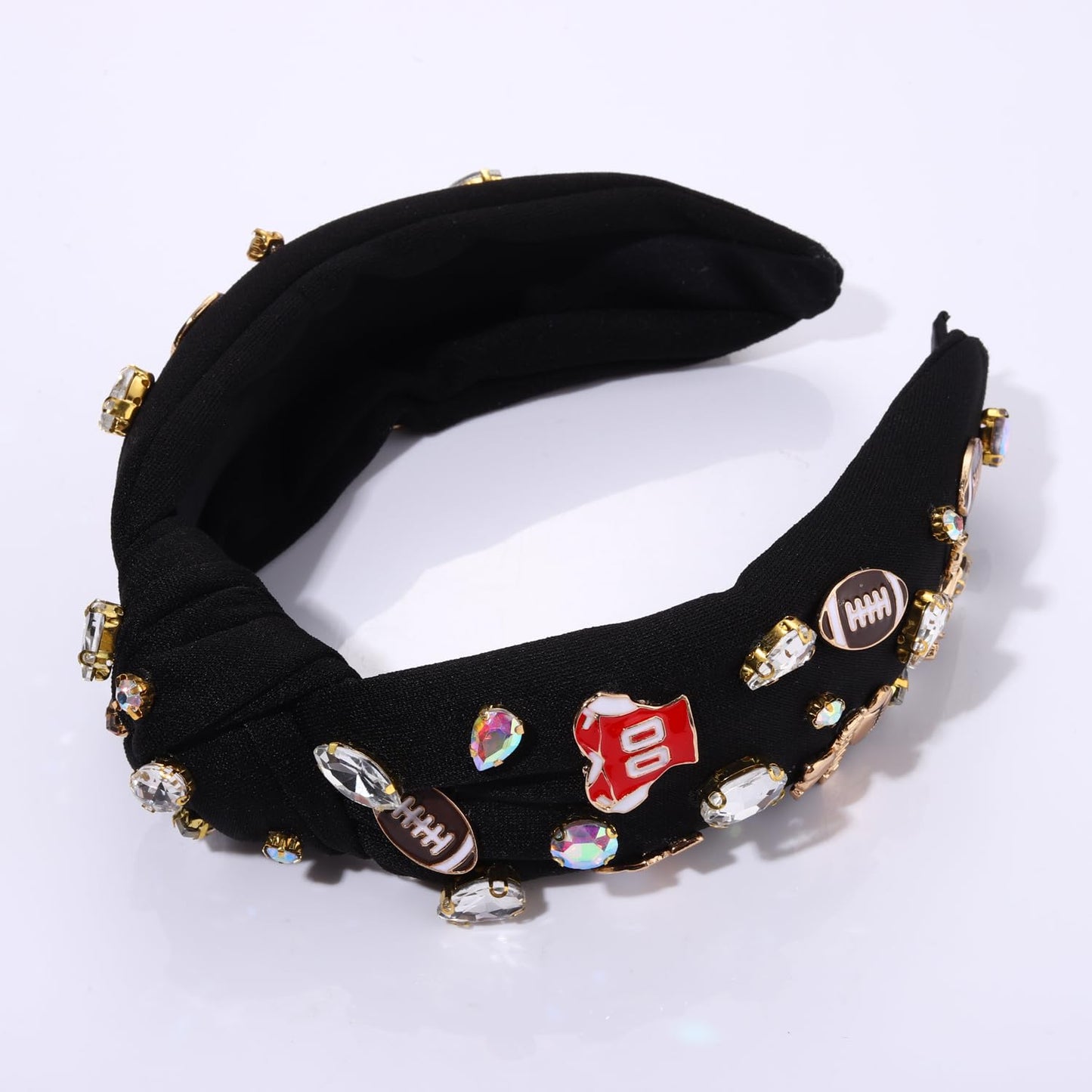 mokkia Football Headband for Women Football Mom Accessories Crystal Rhinestone Jeweled Wide Top Knot Headband Game Day Sports Hair Accessories Gift (Black)