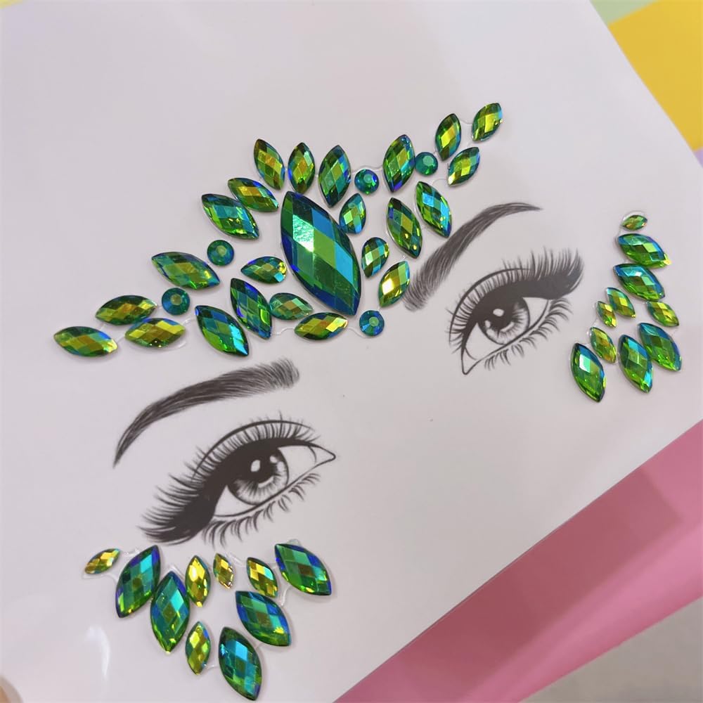 Face Jewels - Green Rhinestone Stickers for Halloween Makeup | Self-Adhesive Festival Glitter Gems