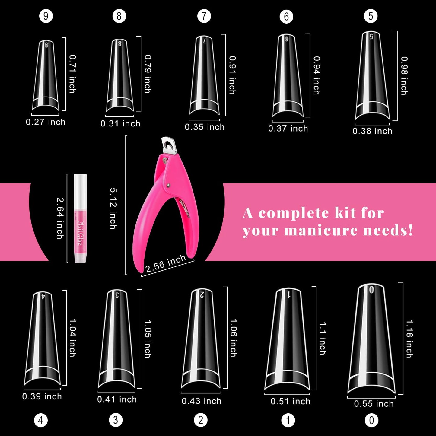 Coffin Nail Tips Set - 500 Pcs Clear Acrylic Tips with Glue, Clipper, Files & Cuticle Pusher | Perfect for Salons & DIY