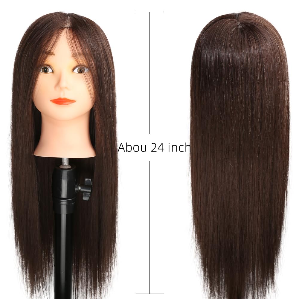 MEAHUS 24" Human Hair Blend Braiding Mannequin Head, Dark Brown with Clamp