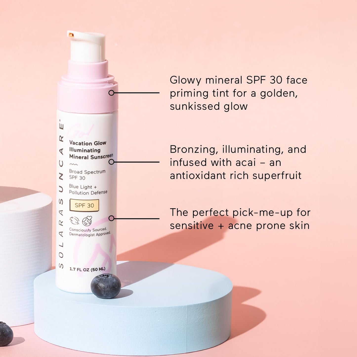 Solara Suncare - Go! Vacation Glow Illuminating Tinted Moisturizer, SPF 30 | EWG Verified, Vegan, Cruelty Free, Reef friendly | Unscented, Lightweight, Safe For Sensitive Skin (1.7 fl oz | 50 ml)