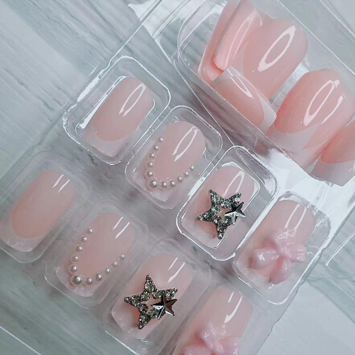 24pcs French Tip Press-On Nails - Short, Charms, Bow, Flower Design, Pink, Cute, Square Shape, Acrylic, Rhinestones