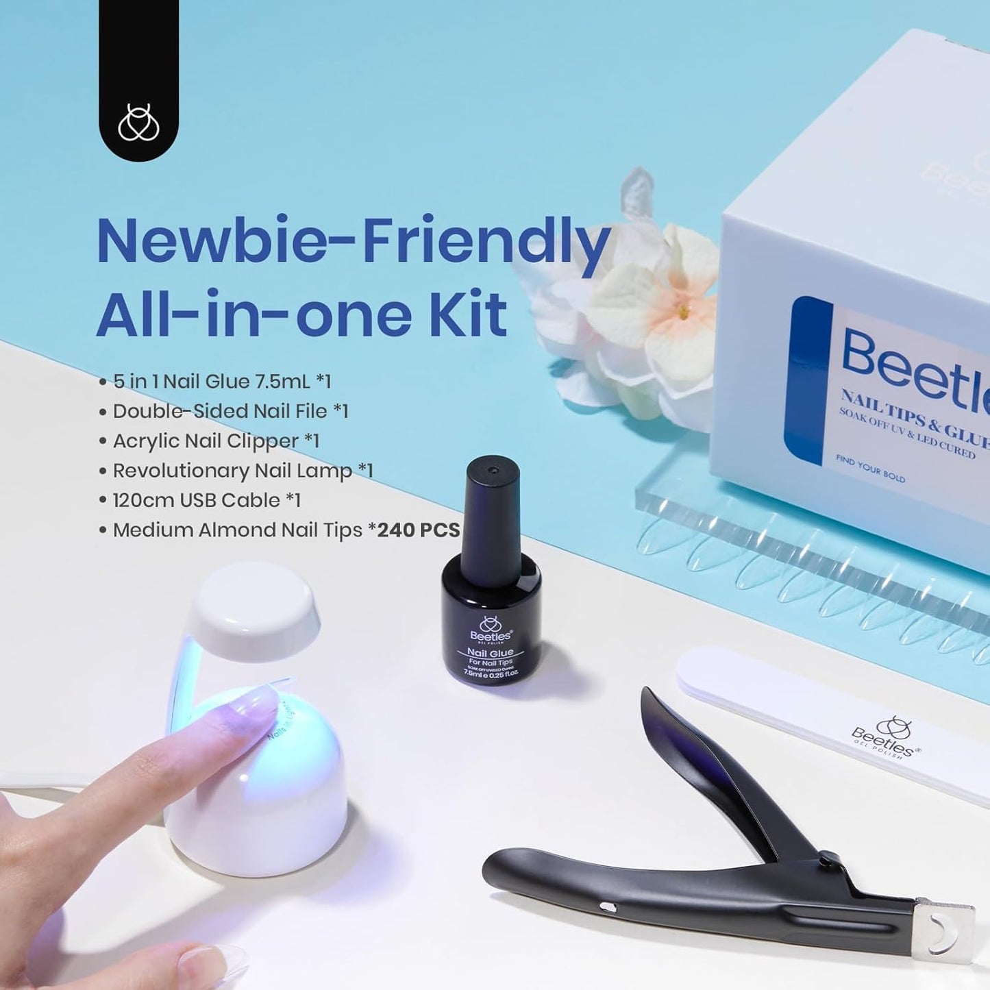 Beetles Gel Nail Kit - 9-In-1 Easy Nail Extension Set with Almond Tips & UV Lamp | Medium Almond Size